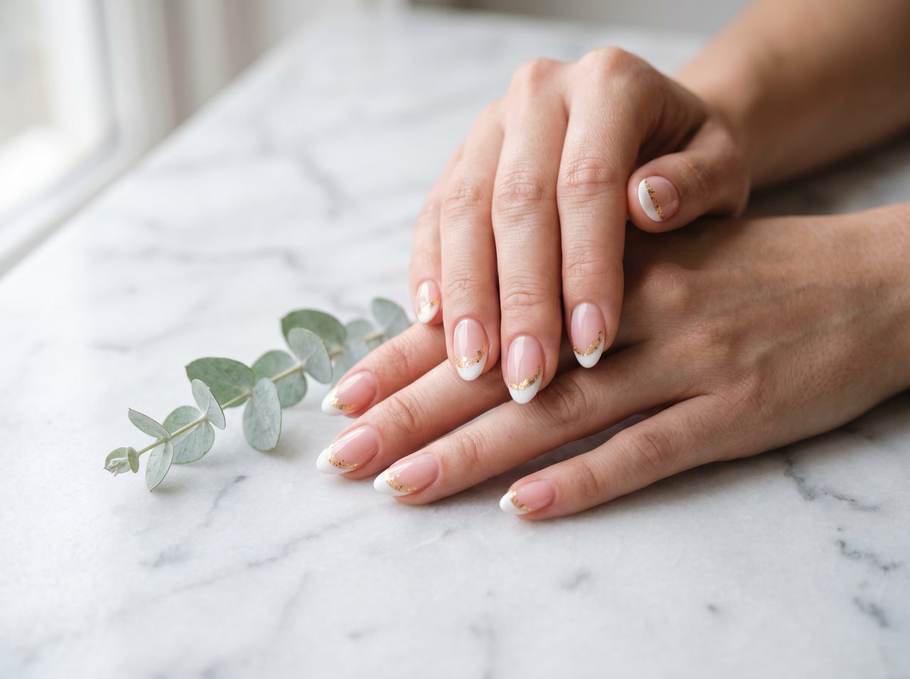 Modern french tips with gold foil accents