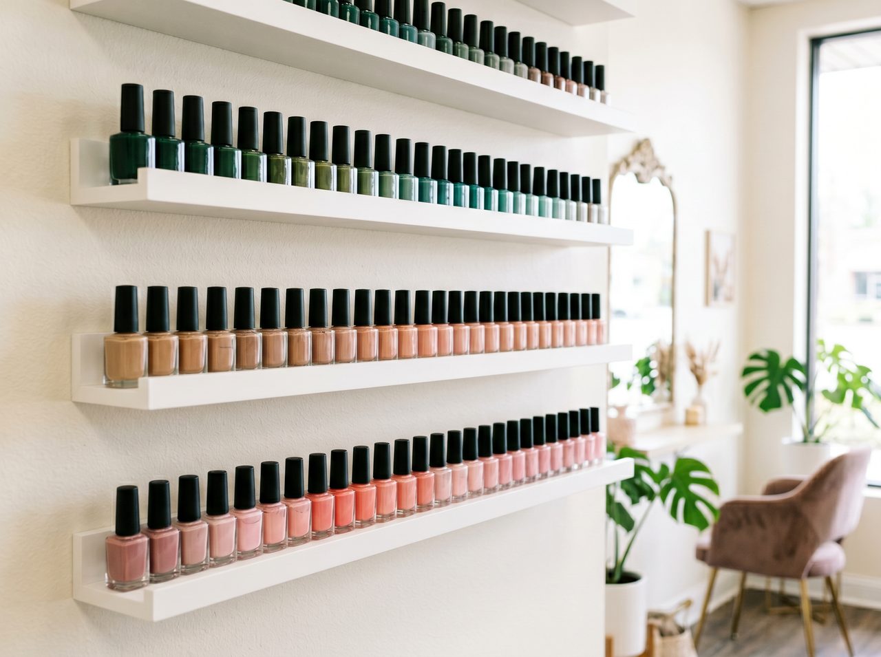 Wall of polish bottles arranged in a gradient