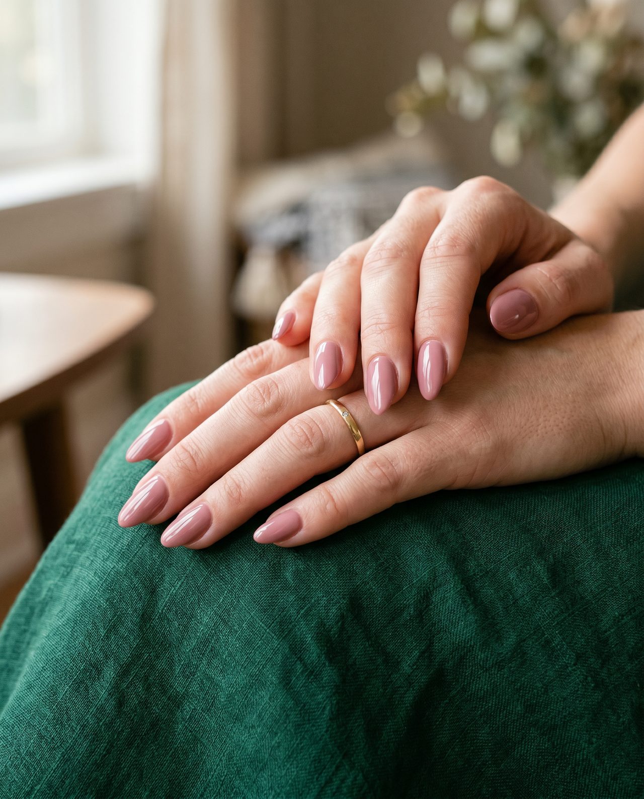 Freshly manicured soft-rose nails resting on emerald linen