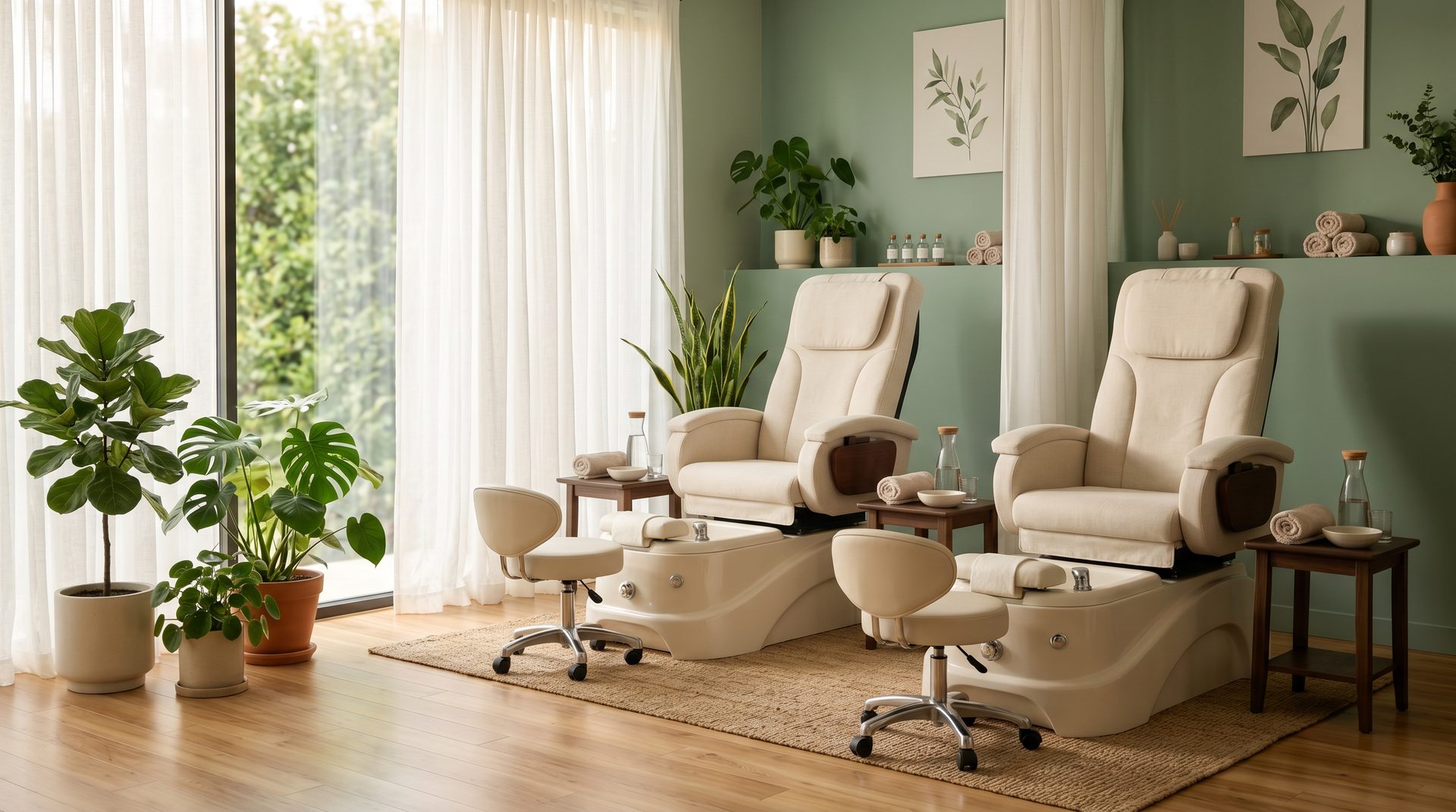 Calm sage-green pedicure lounge with cream spa chairs and plants