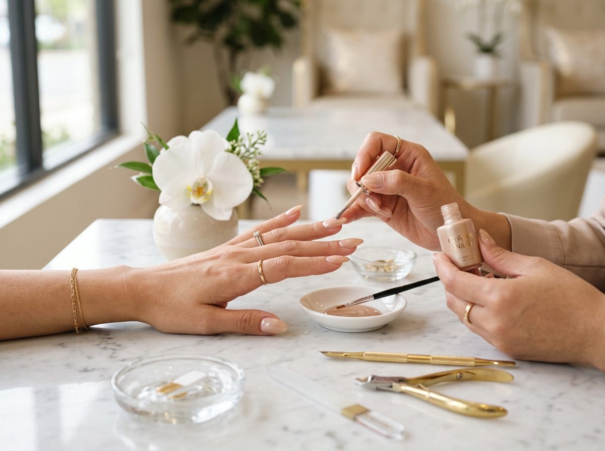 Manicure in progress with champagne-toned polish at Golden Nails and Spa