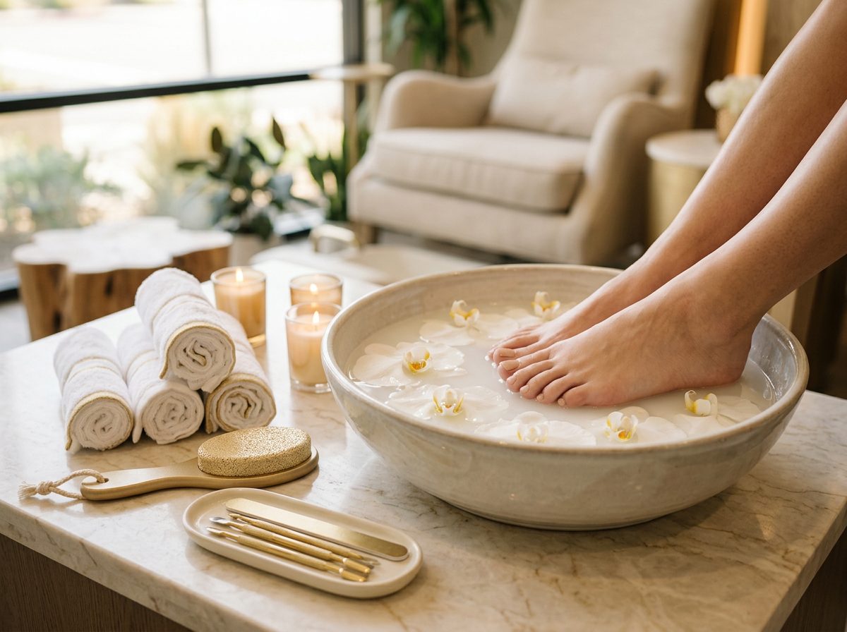 Spa pedicure setting with orchid at Golden Nails and Spa